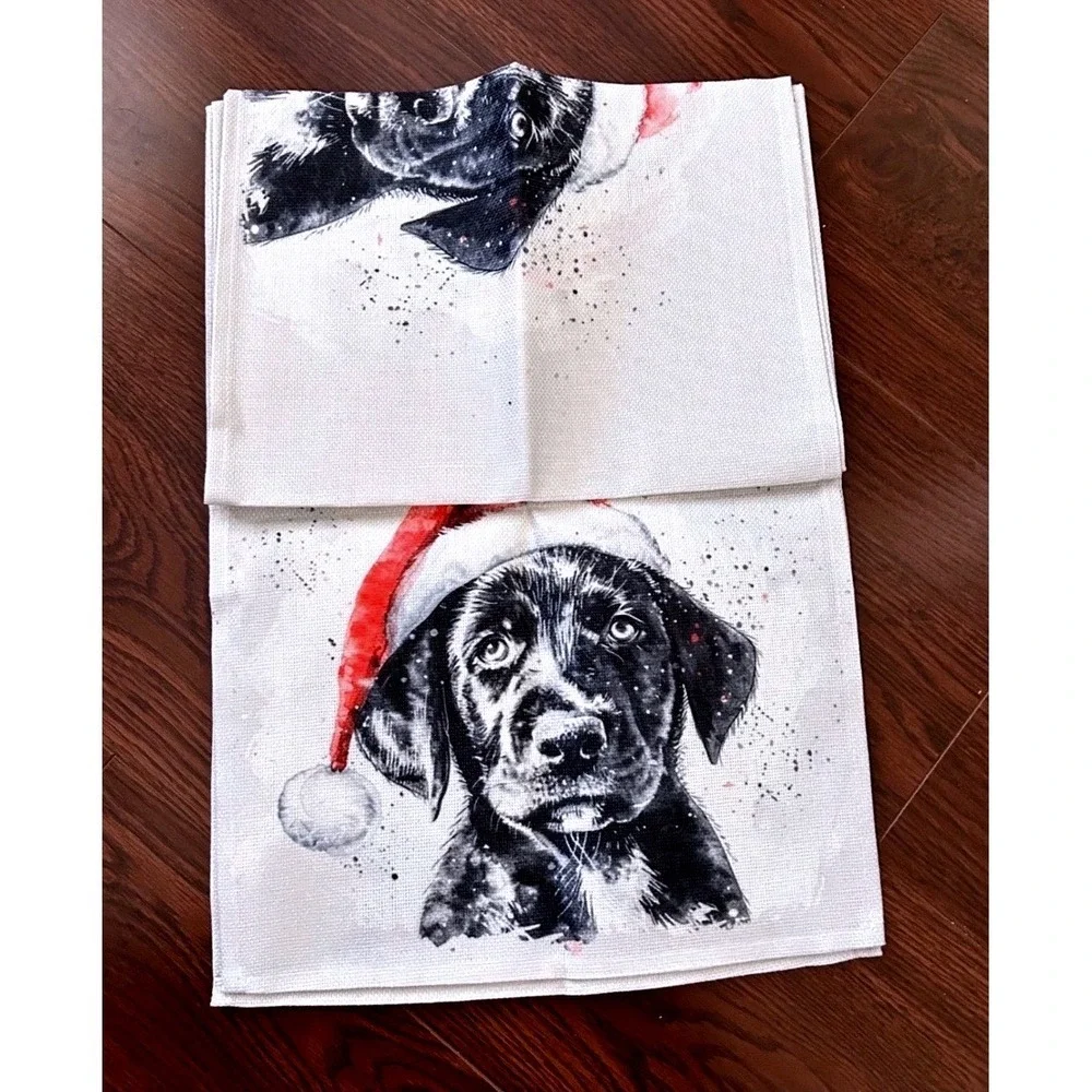 Christmas Black Labrador Puppy Santa Hat Table Runner 13x71 Linen Blend Holiday